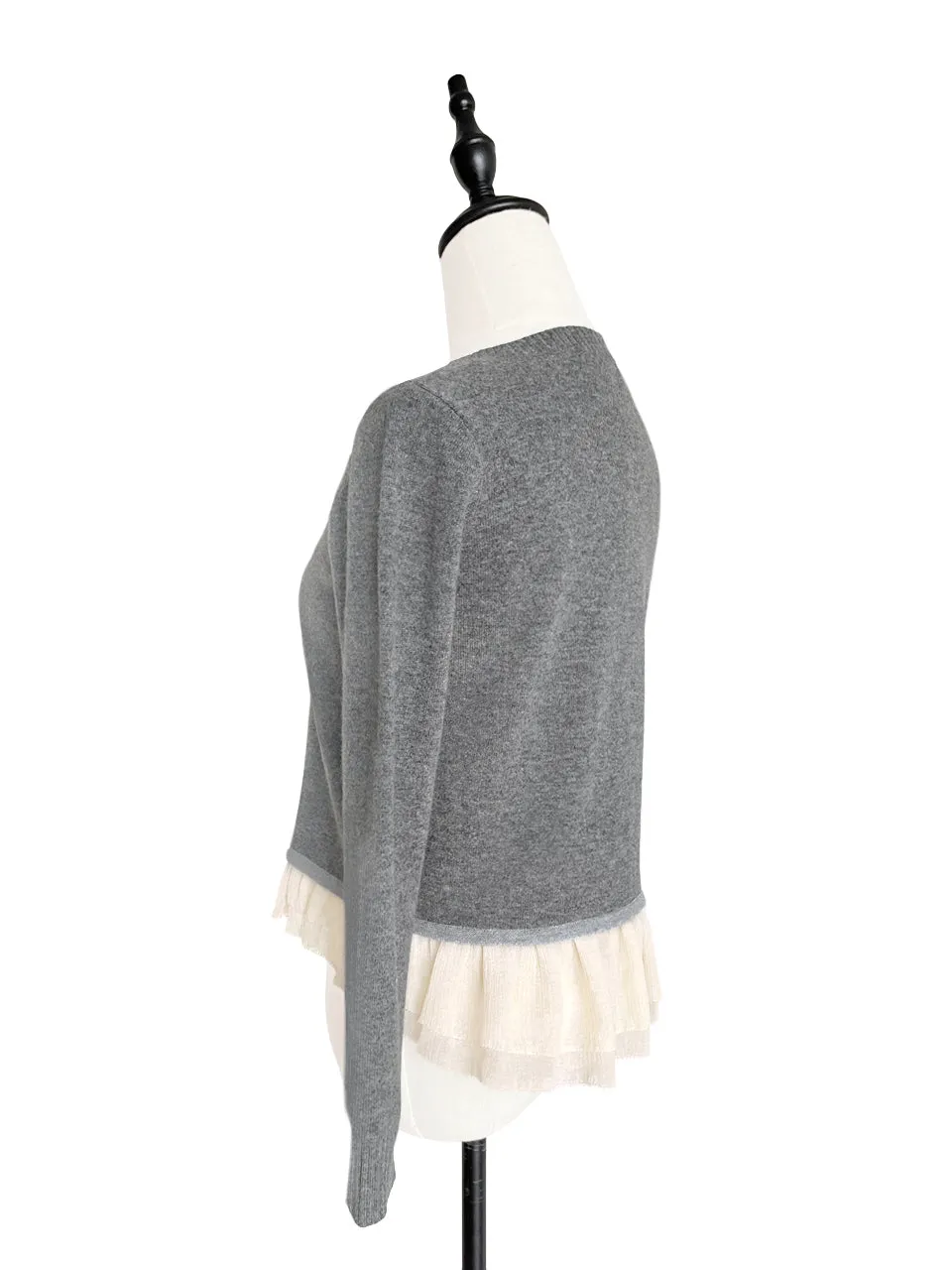 Grey Cashmere & Wool Blended Chiffon Ruffle Hem Cardigan