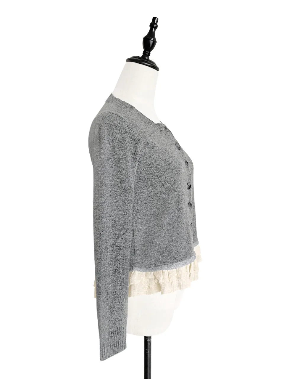 Grey Cashmere & Wool Blended Chiffon Ruffle Hem Cardigan