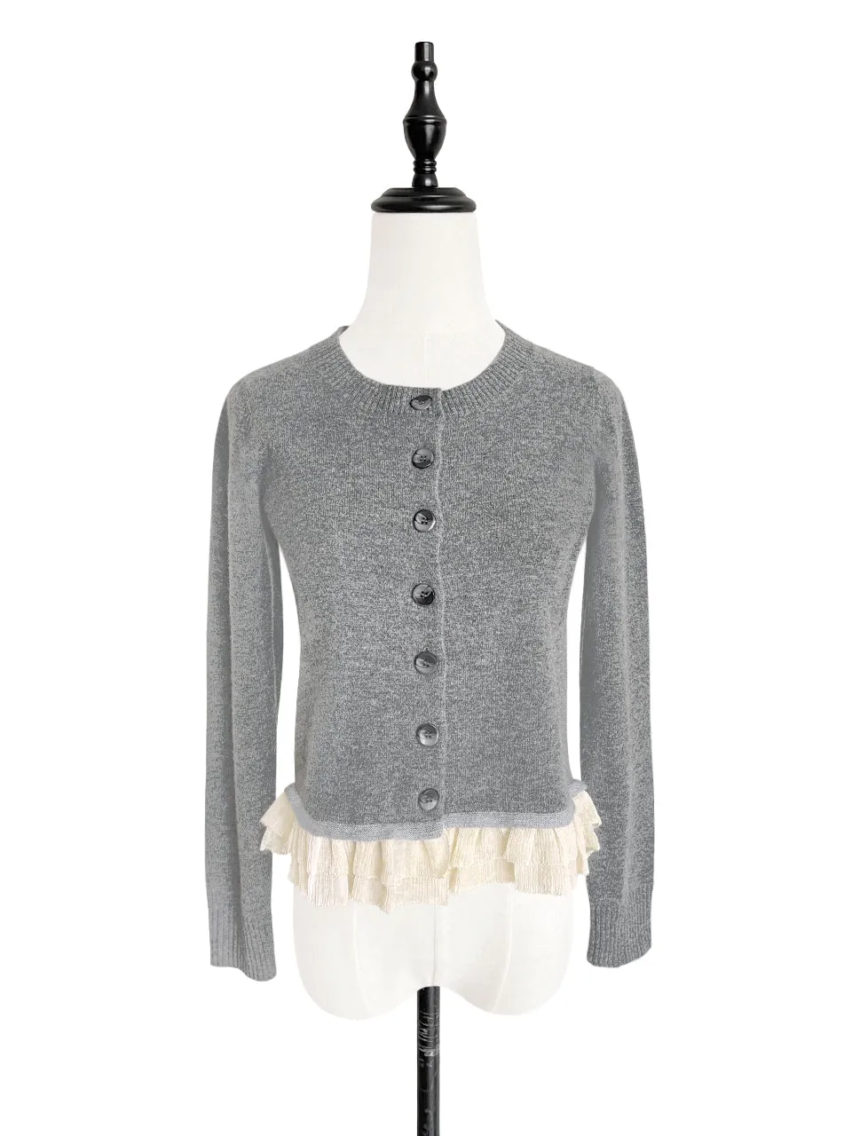 Grey Cashmere & Wool Blended Chiffon Ruffle Hem Cardigan