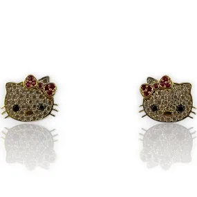 Hello Kitty Cubic Zirconia 14KT 585 Yellow Gold Stud Earrings