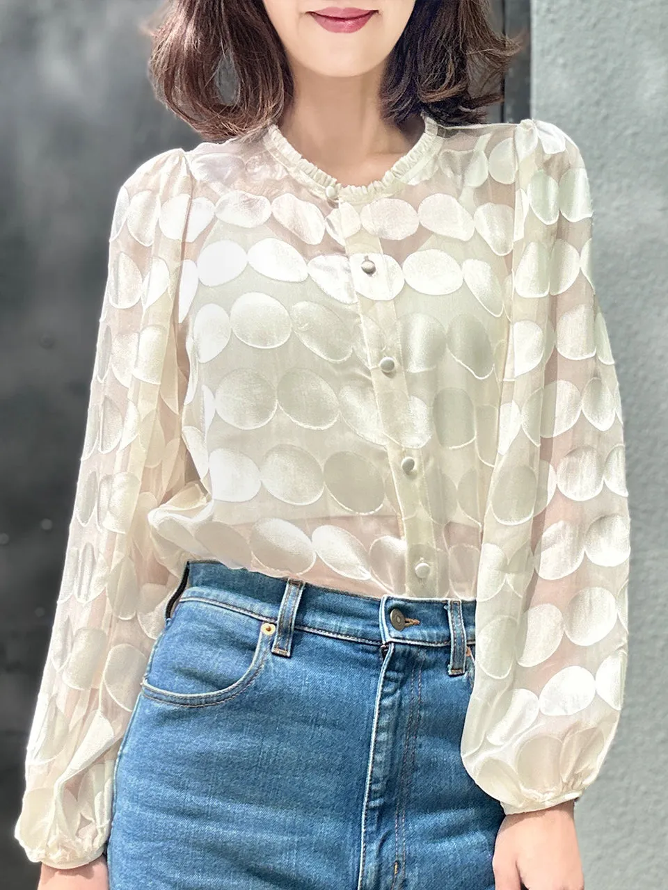 Ivory Dot Ruffle Collar Balloon Sleeve Silky Blouse