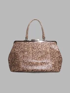 Jean Colonna 1990s brown embossed vinyl snakeskin pattern metal clasp handbag