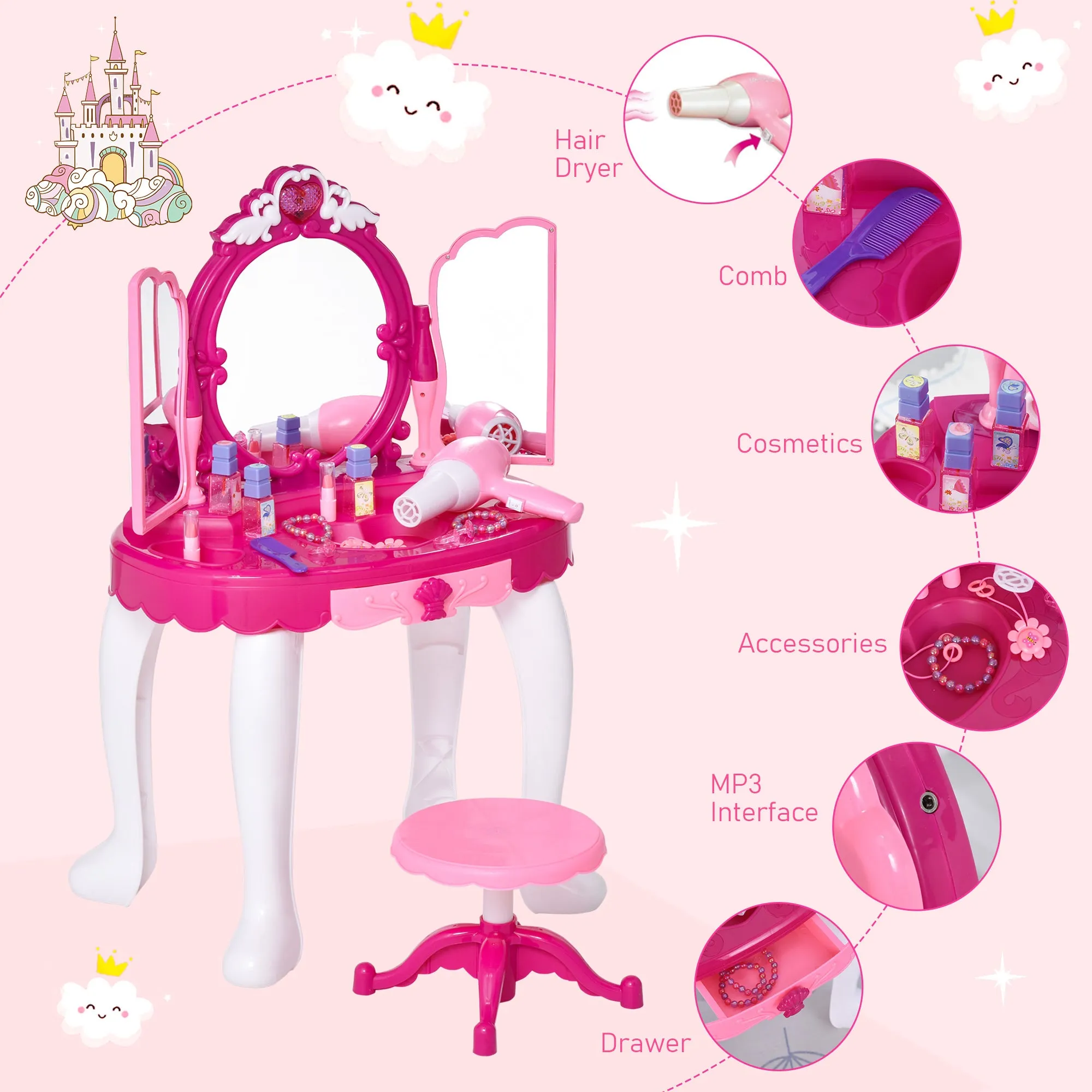 Kids Pretend Play Plastic Vanity Table Set w/ Sound Effect Pink