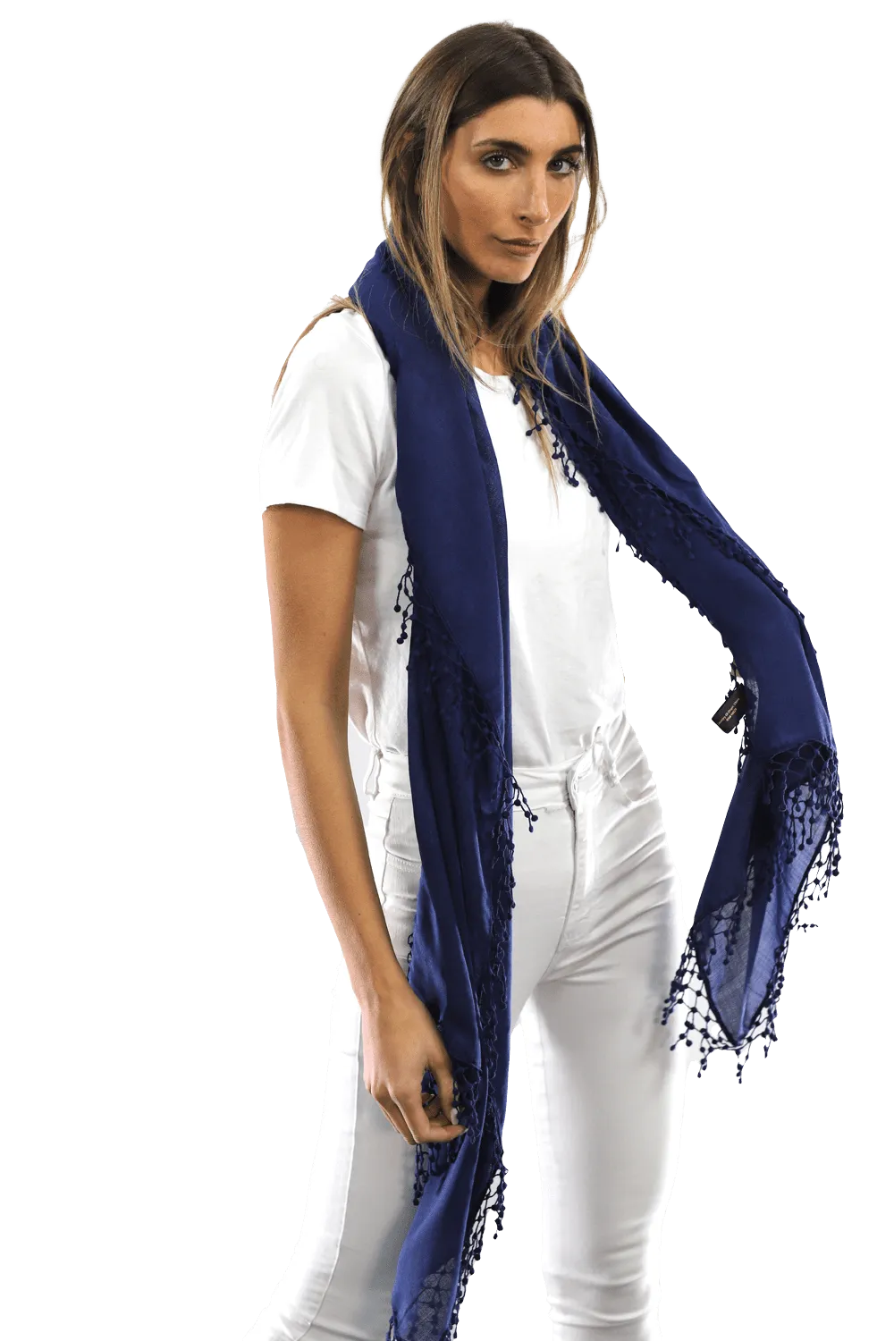 Lace Pom Pom Wool/Silk Scarf-Navy