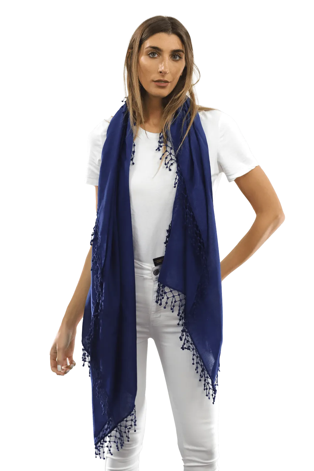 Lace Pom Pom Wool/Silk Scarf-Navy