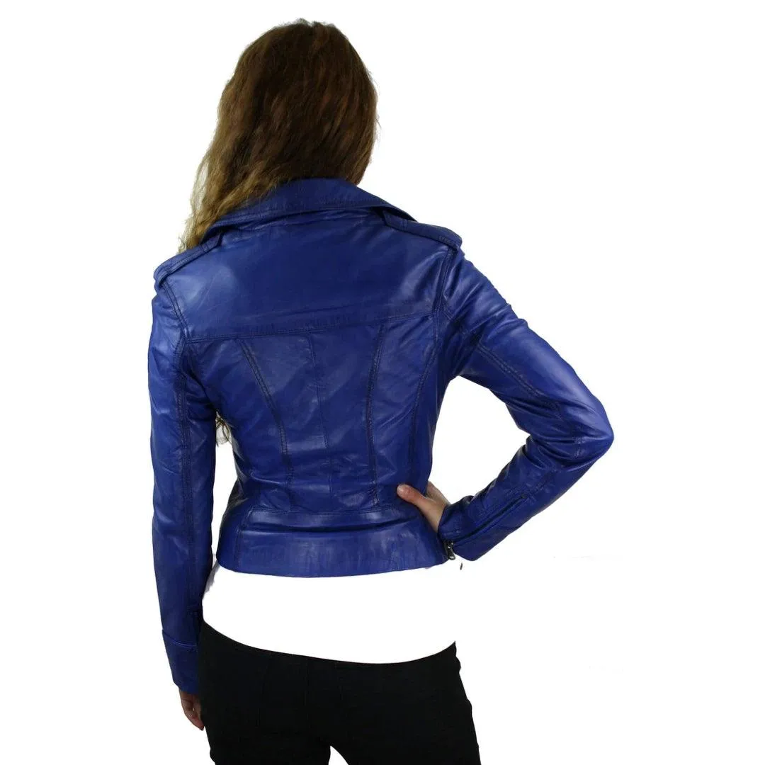 Ladies Women Real Leather Biker Rock Purple Red Slim Fit Jacket