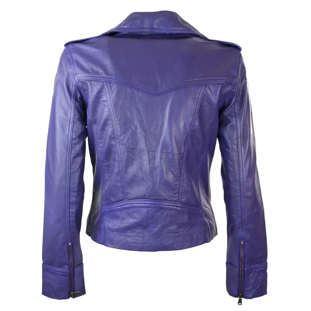 Ladies Women Real Leather Biker Rock Purple Red Slim Fit Jacket