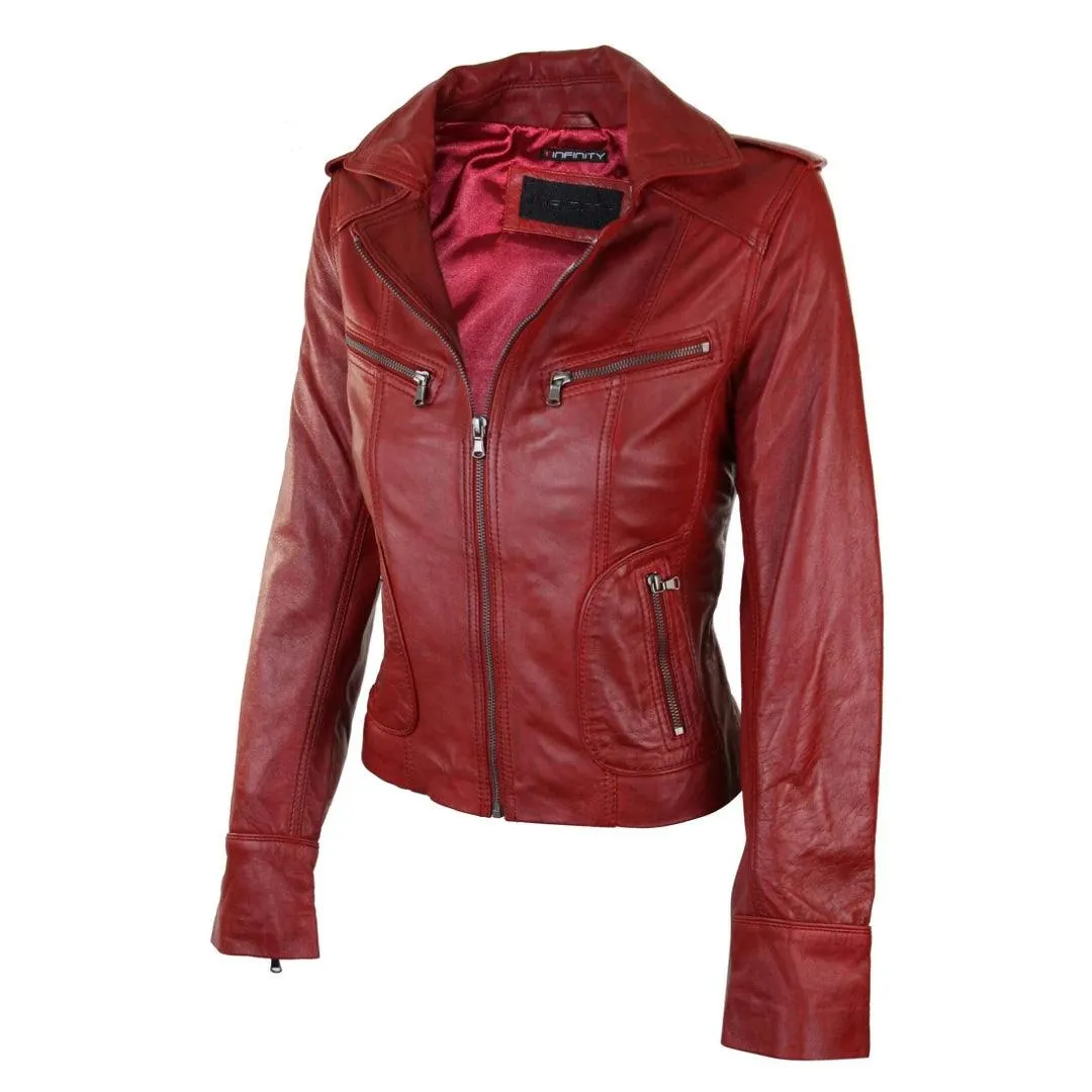 Ladies Women Real Leather Biker Rock Purple Red Slim Fit Jacket