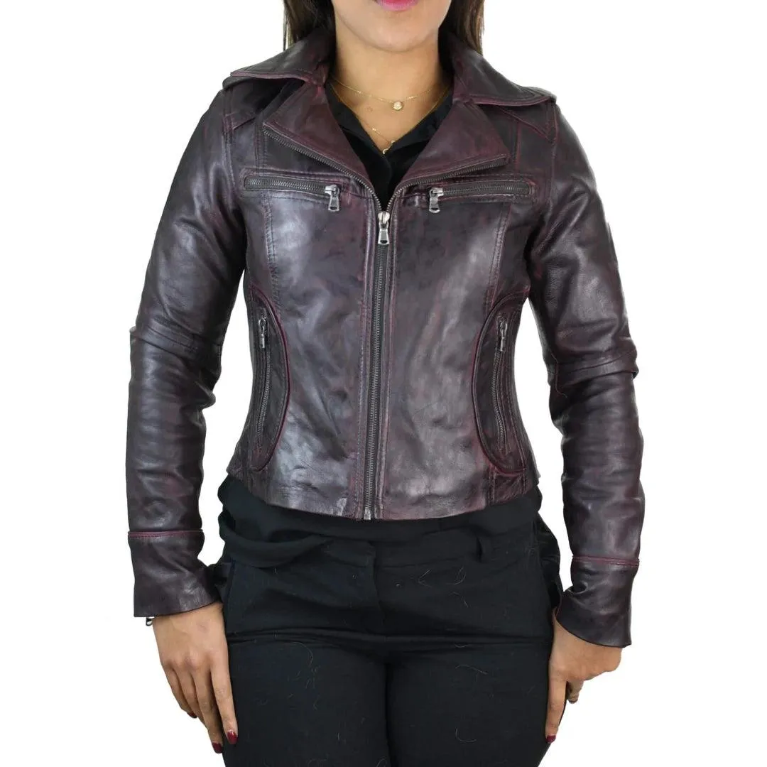 Ladies Women Real Leather Biker Rock Purple Red Slim Fit Jacket