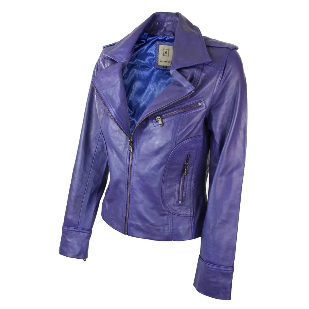 Ladies Women Real Leather Biker Rock Purple Red Slim Fit Jacket