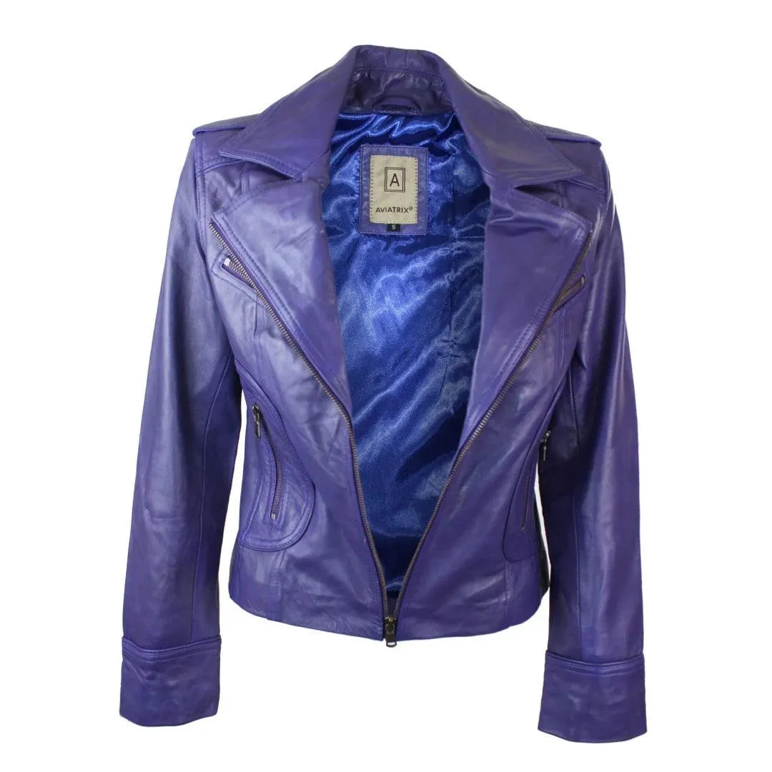 Ladies Women Real Leather Biker Rock Purple Red Slim Fit Jacket