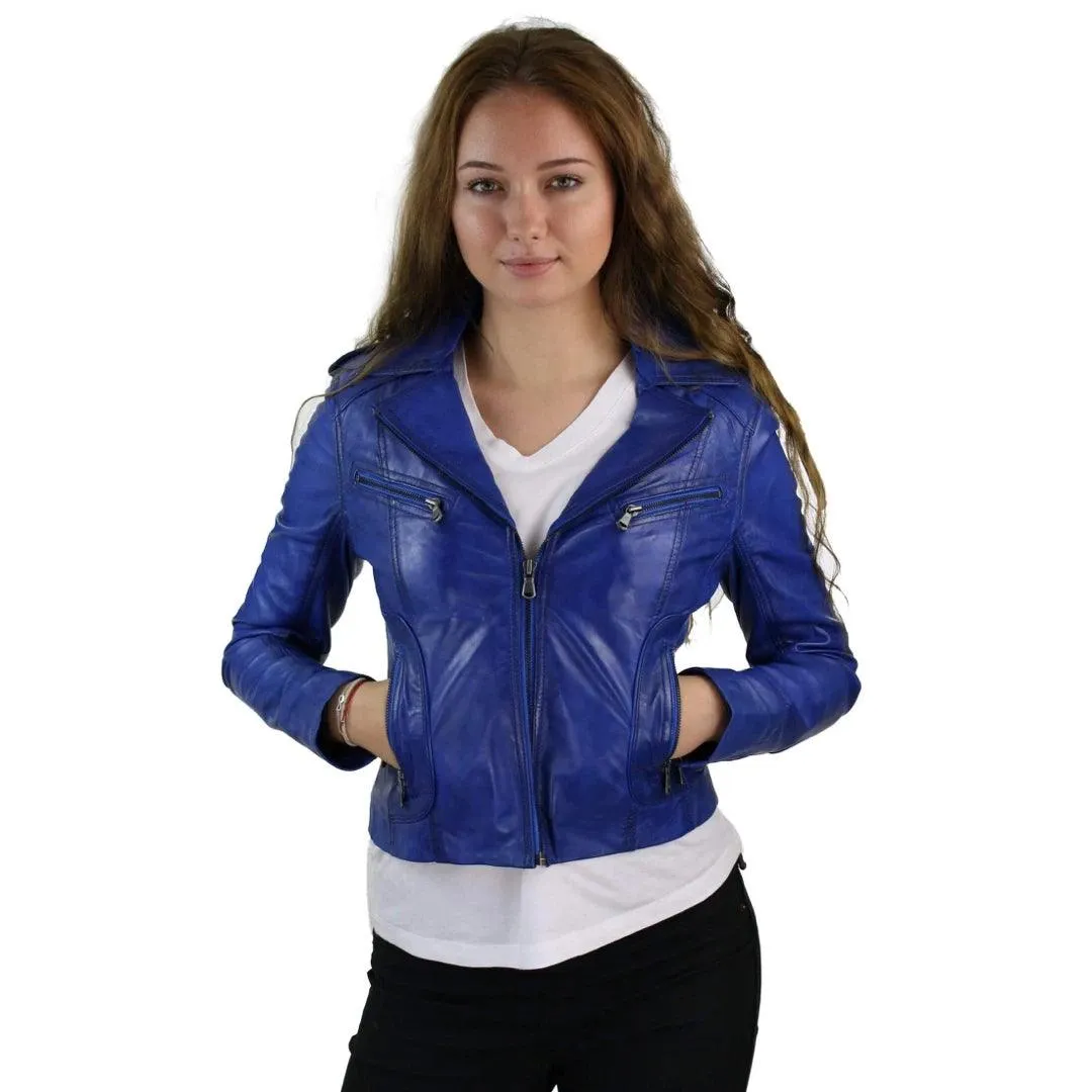 Ladies Women Real Leather Biker Rock Purple Red Slim Fit Jacket