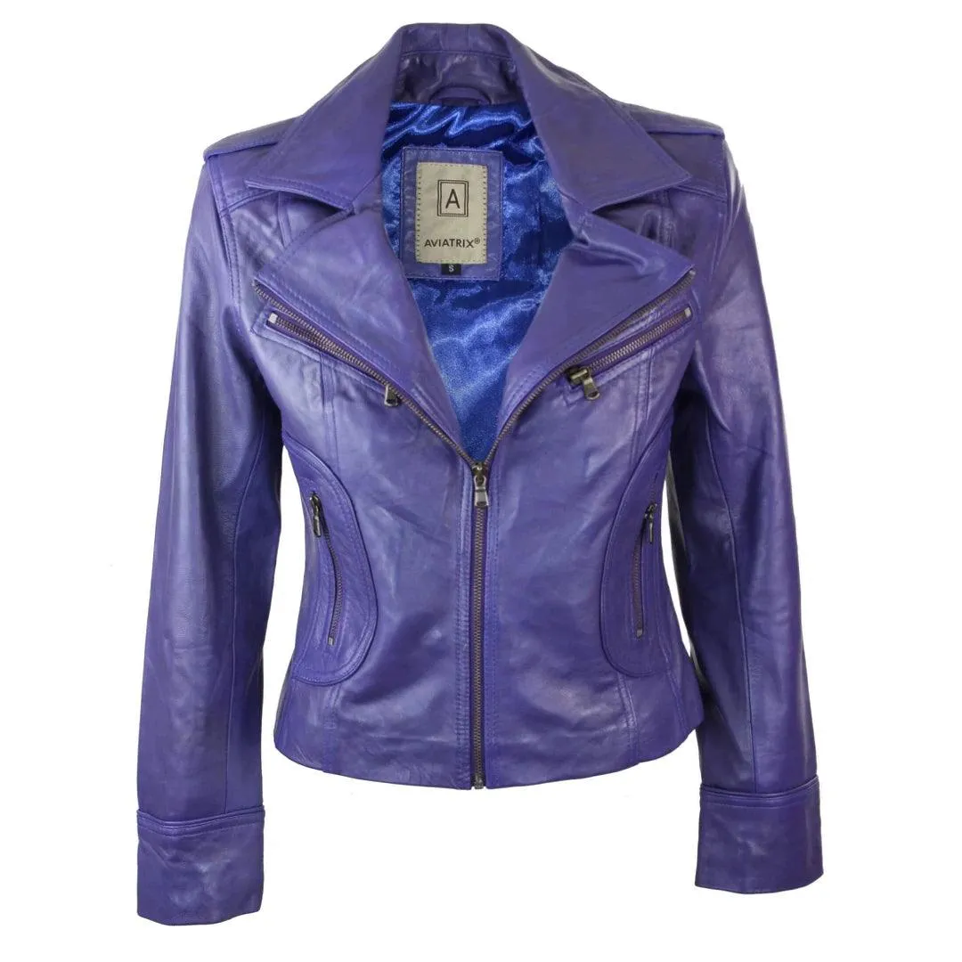 Ladies Women Real Leather Biker Rock Purple Red Slim Fit Jacket