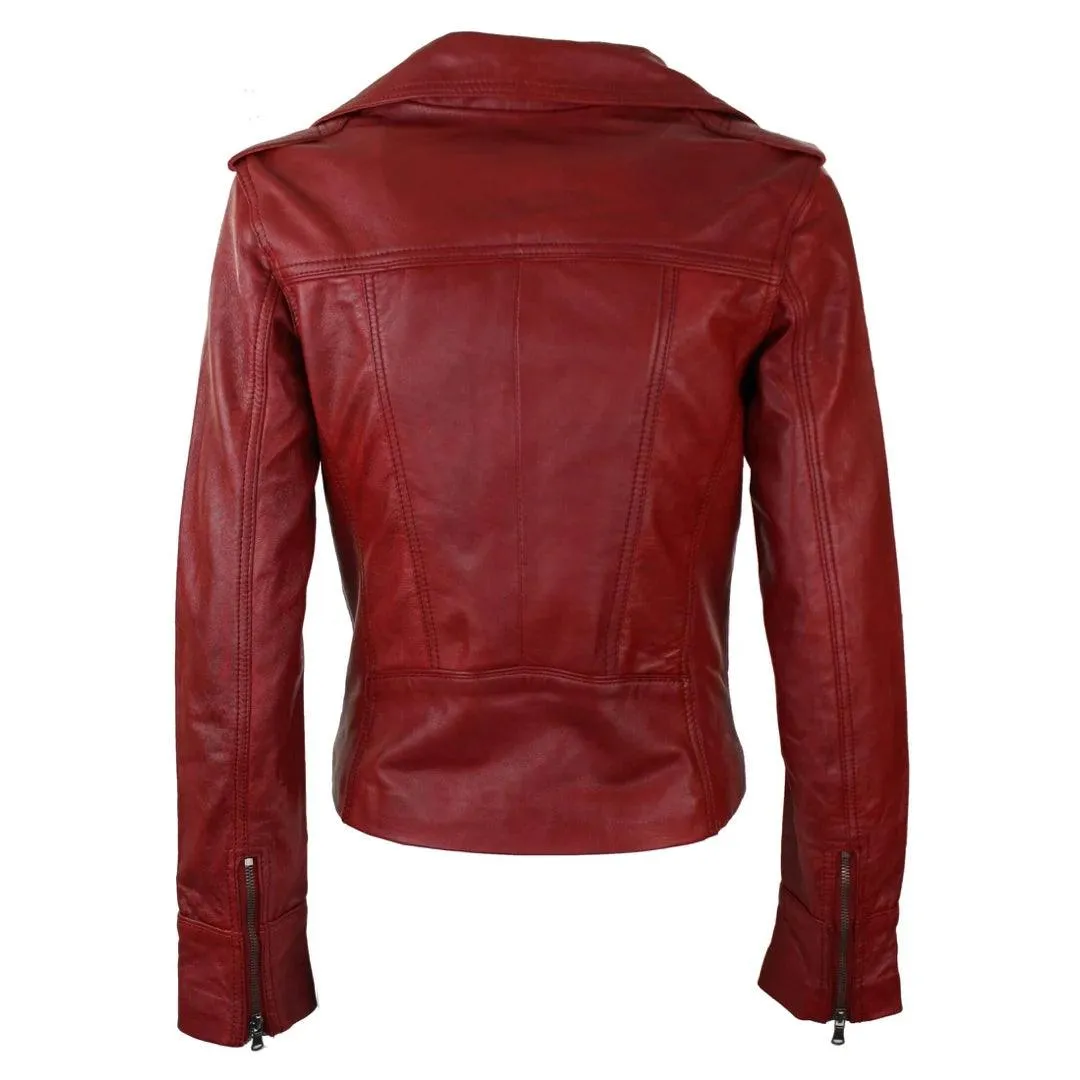 Ladies Women Real Leather Biker Rock Purple Red Slim Fit Jacket