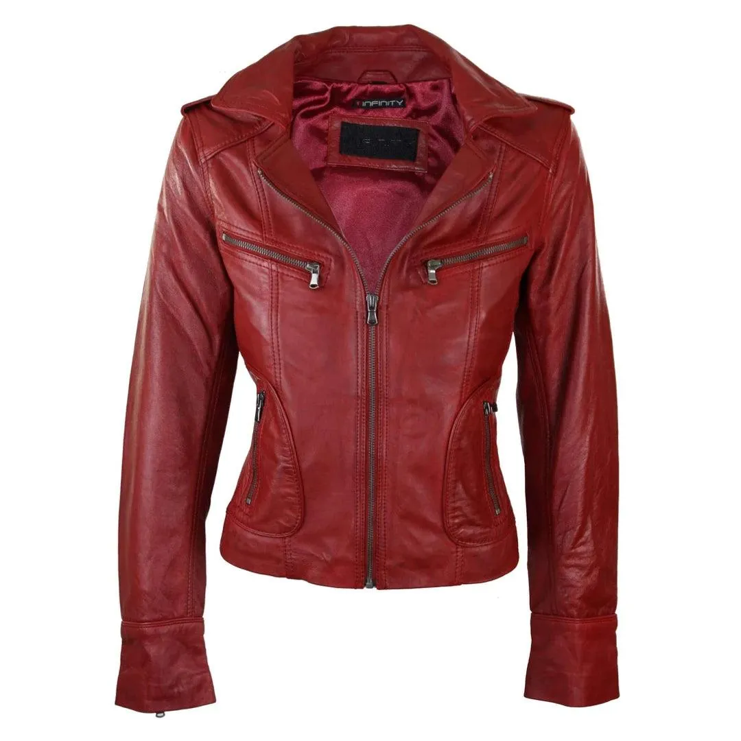 Ladies Women Real Leather Biker Rock Purple Red Slim Fit Jacket