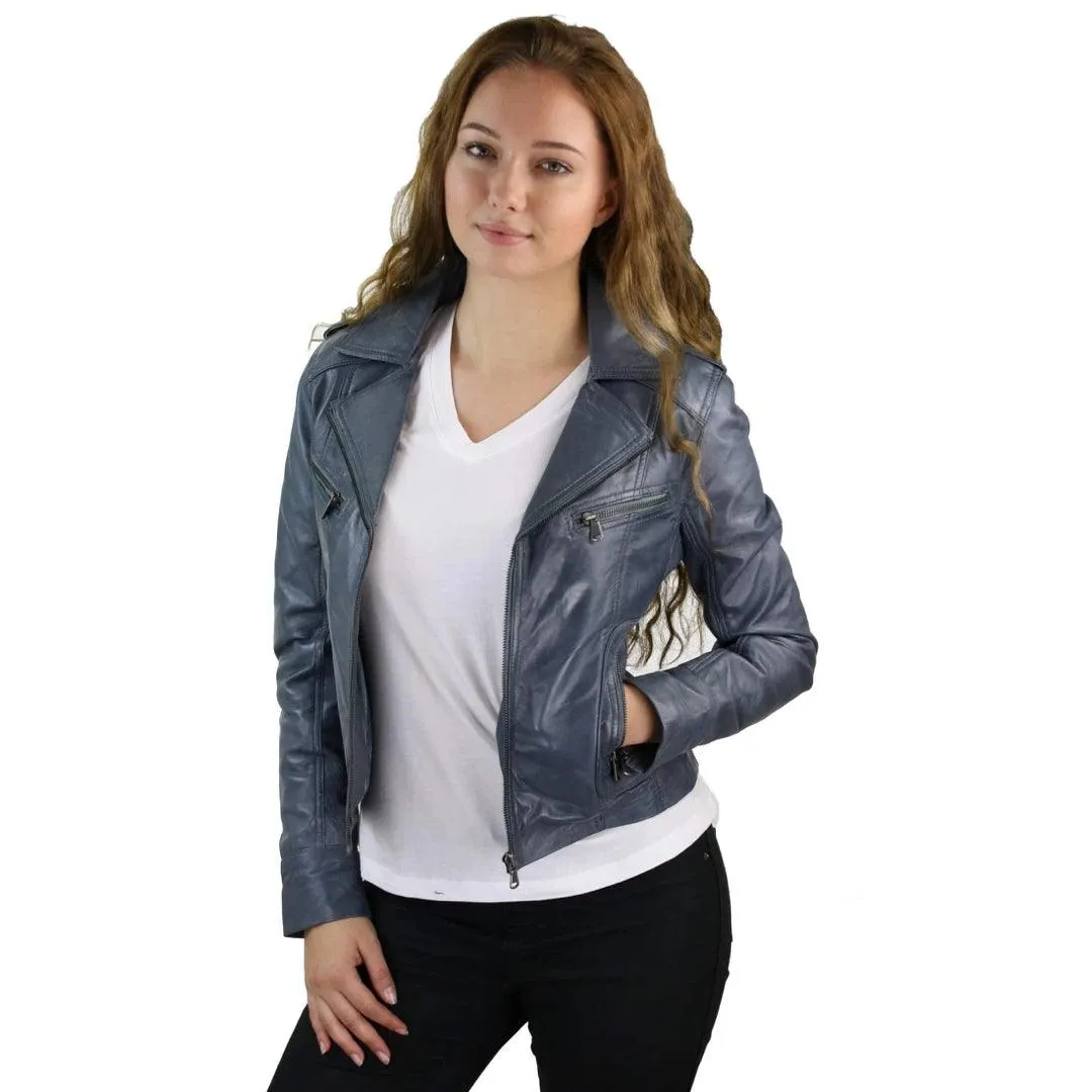 Ladies Women Real Leather Biker Rock Purple Red Slim Fit Jacket