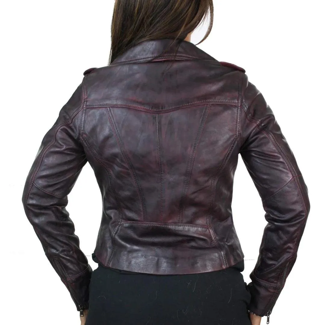 Ladies Women Real Leather Biker Rock Purple Red Slim Fit Jacket