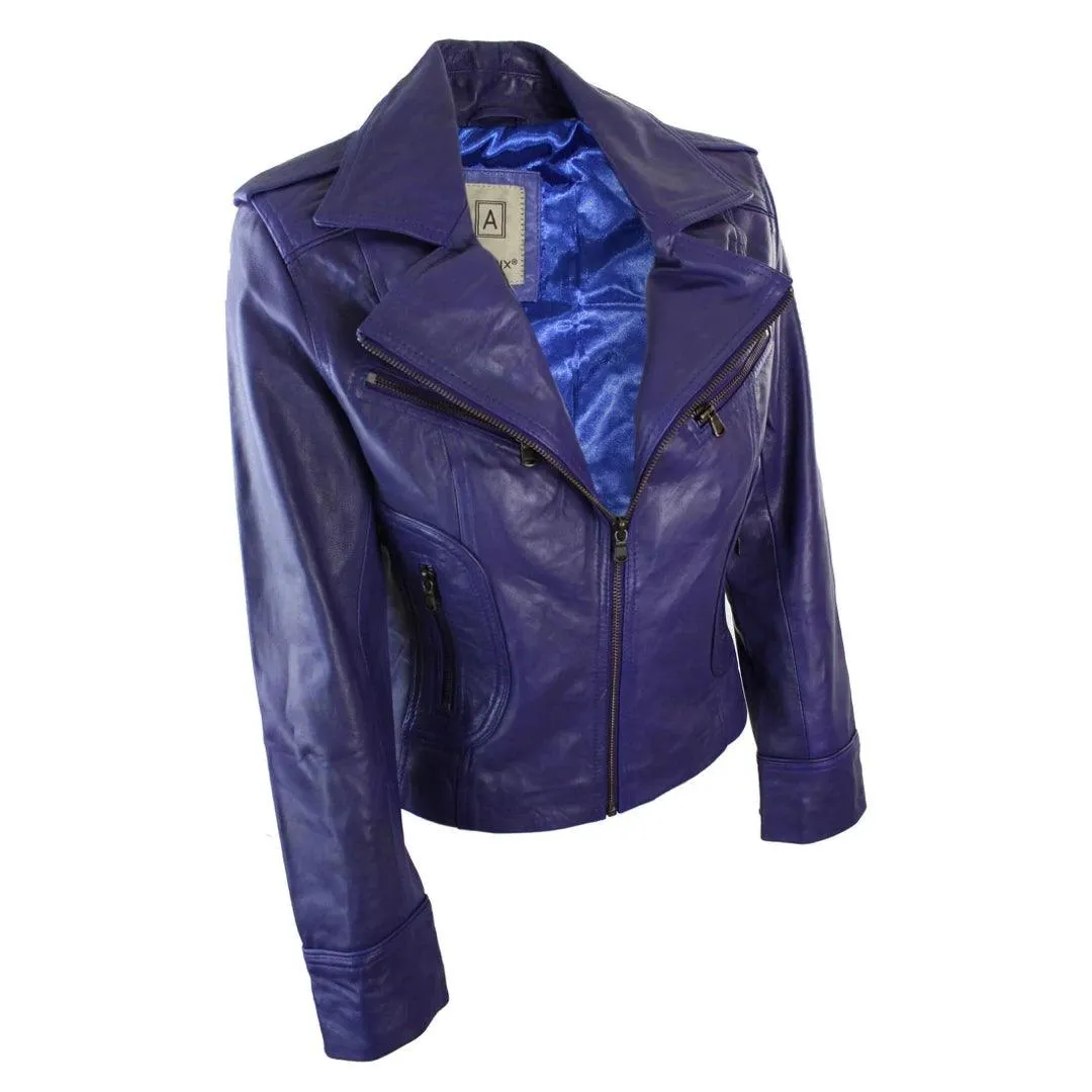 Ladies Women Real Leather Biker Rock Purple Red Slim Fit Jacket