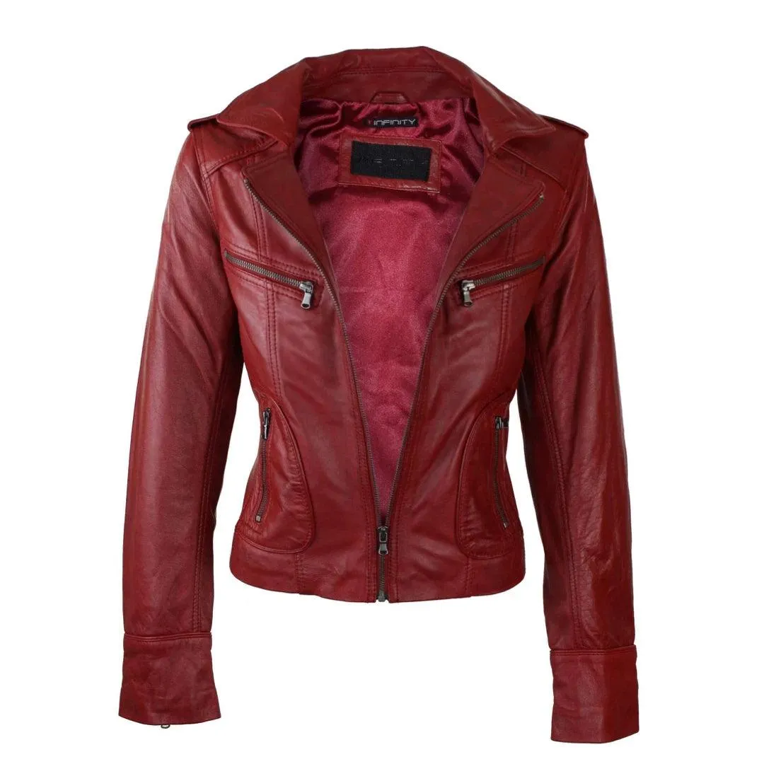 Ladies Women Real Leather Biker Rock Purple Red Slim Fit Jacket