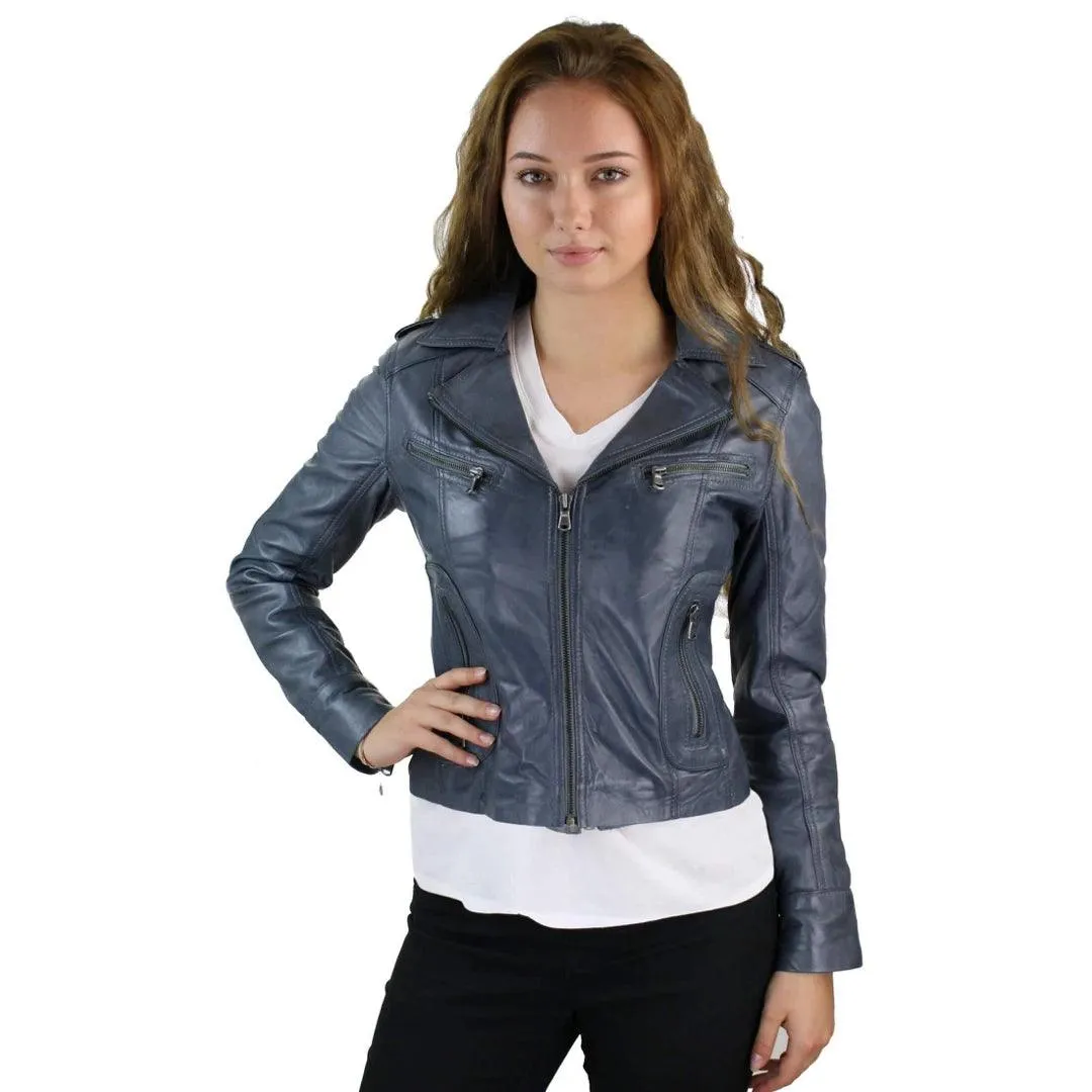 Ladies Women Real Leather Biker Rock Purple Red Slim Fit Jacket