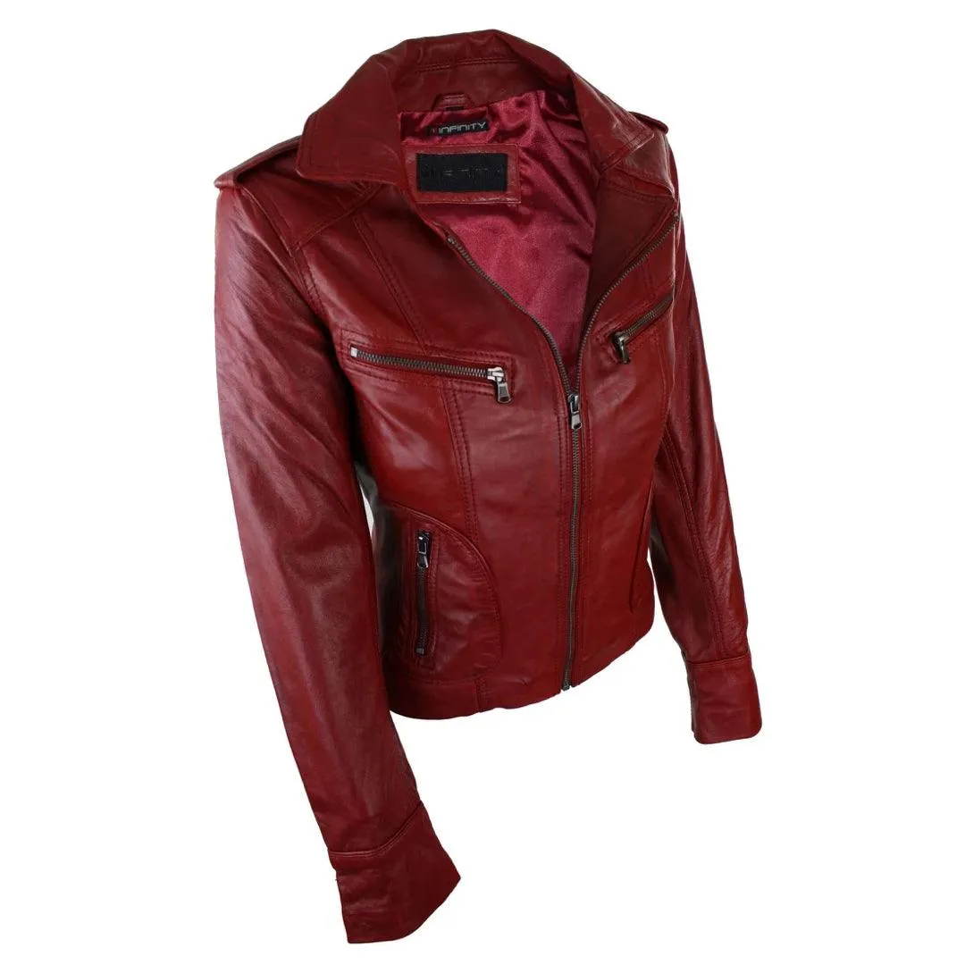 Ladies Women Real Leather Biker Rock Purple Red Slim Fit Jacket