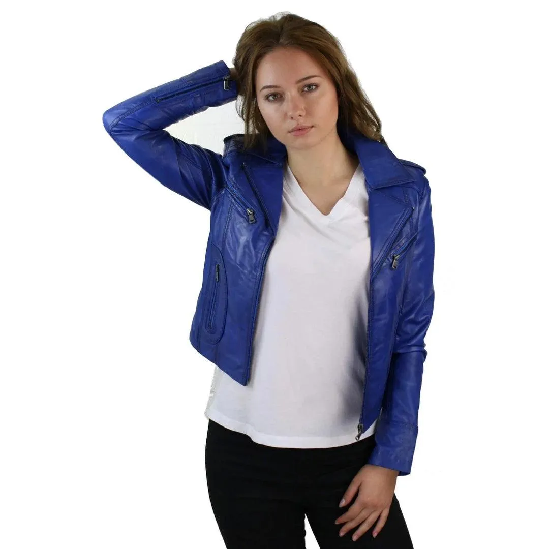 Ladies Women Real Leather Biker Rock Purple Red Slim Fit Jacket