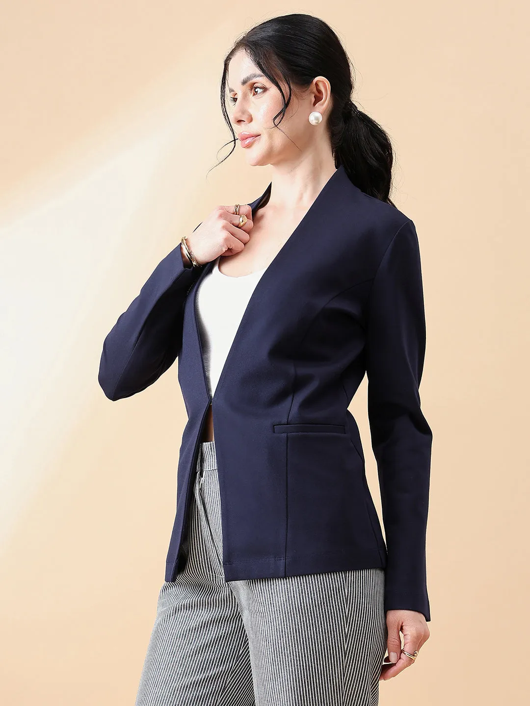 Lapel less Stretch Blazer- Navy