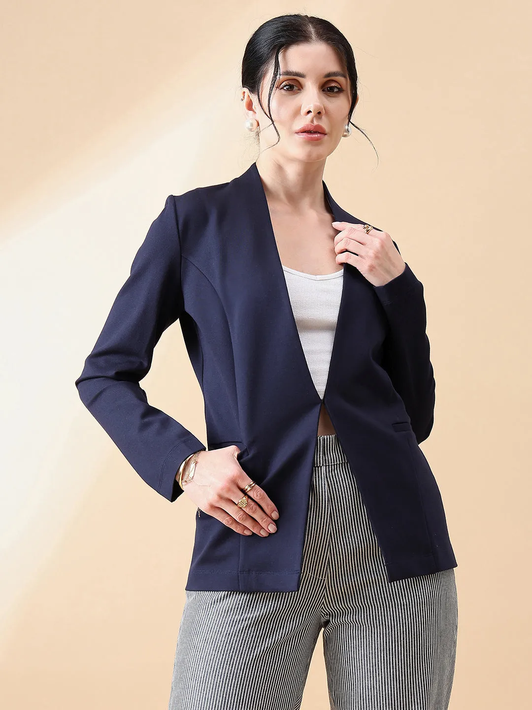 Lapel less Stretch Blazer- Navy