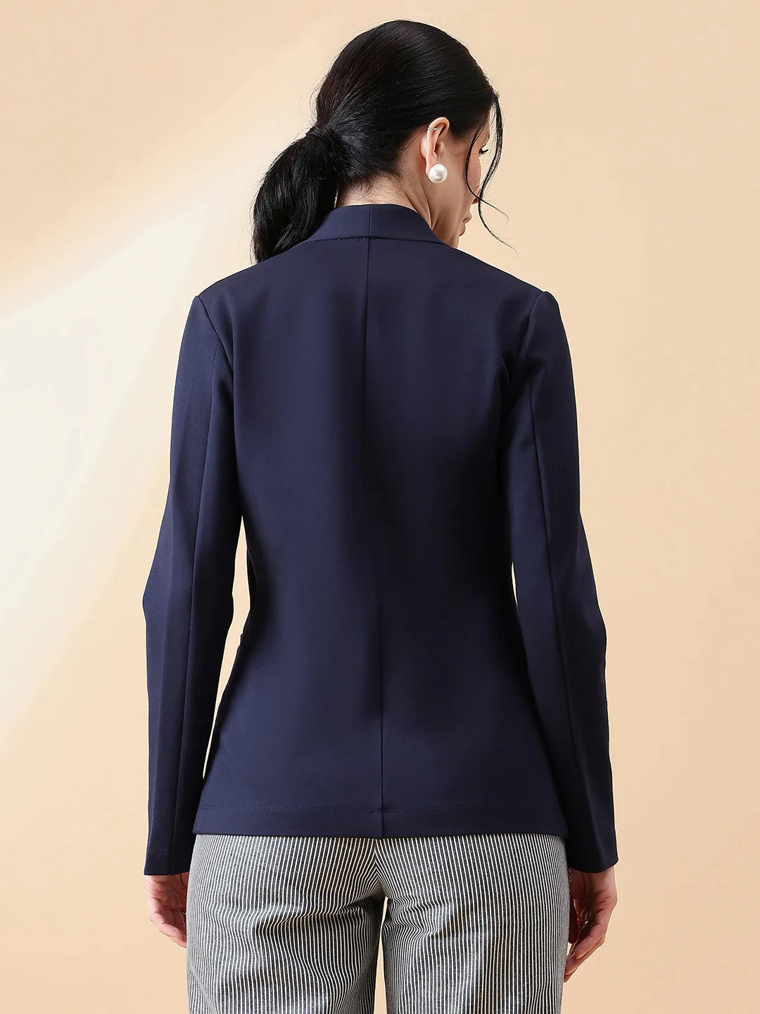 Lapel less Stretch Blazer- Navy