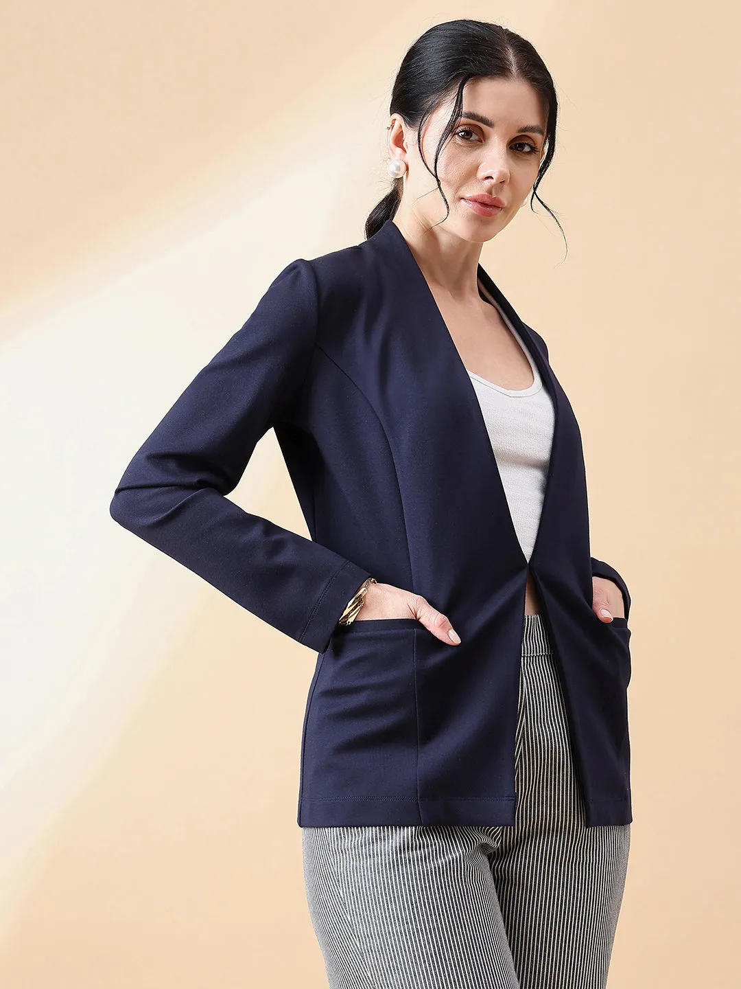 Lapel less Stretch Blazer- Navy