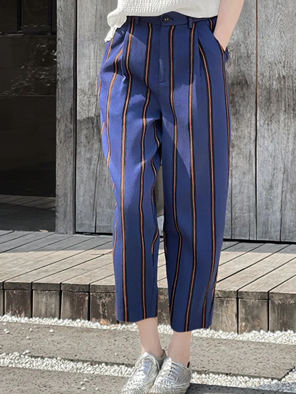 Last Chance! Blue-Orange Stripe Relax Fit Pleated Crop Trousers