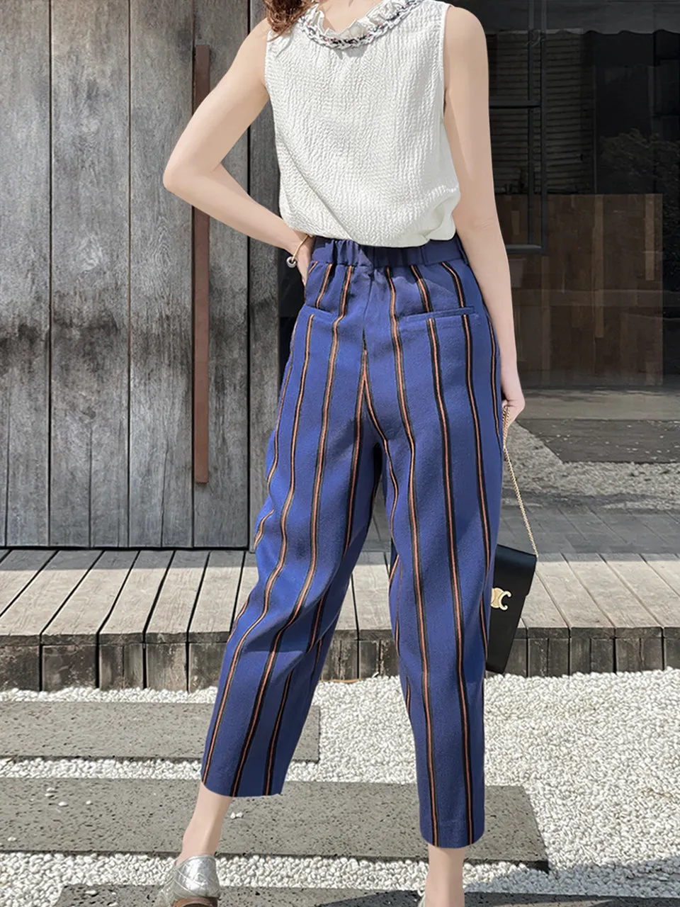 Last Chance! Blue-Orange Stripe Relax Fit Pleated Crop Trousers