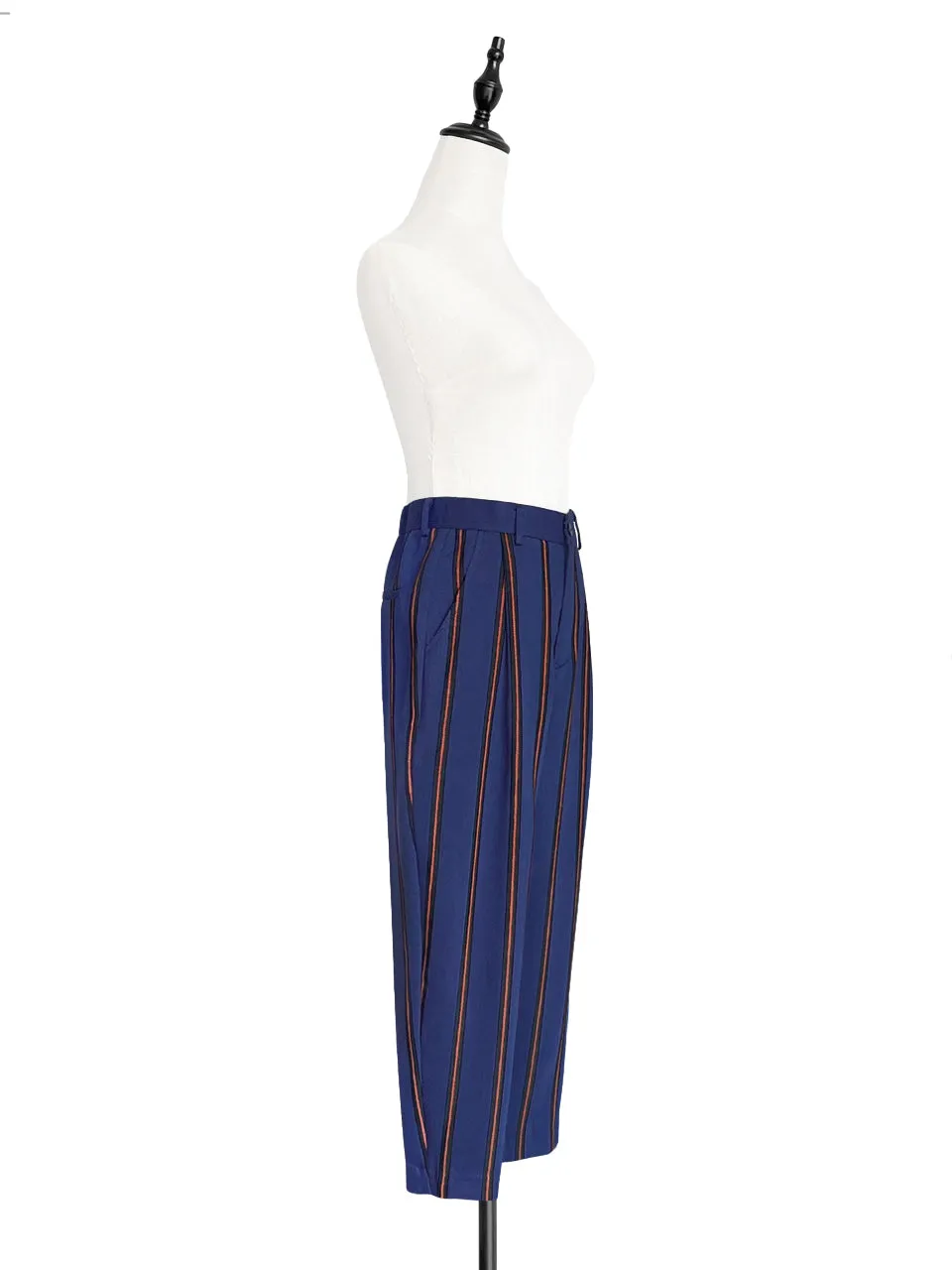 Last Chance! Blue-Orange Stripe Relax Fit Pleated Crop Trousers