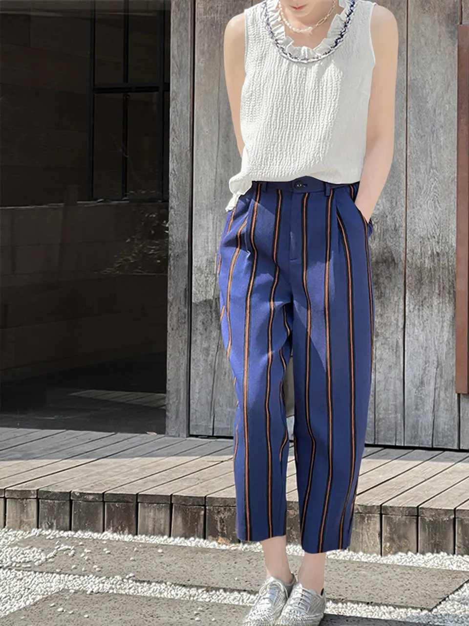 Last Chance! Blue-Orange Stripe Relax Fit Pleated Crop Trousers