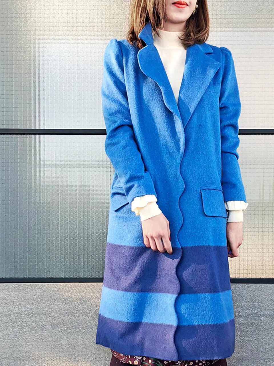 Last Chance! Blue Scallop Trim Wool & Cashmere Blend Coat