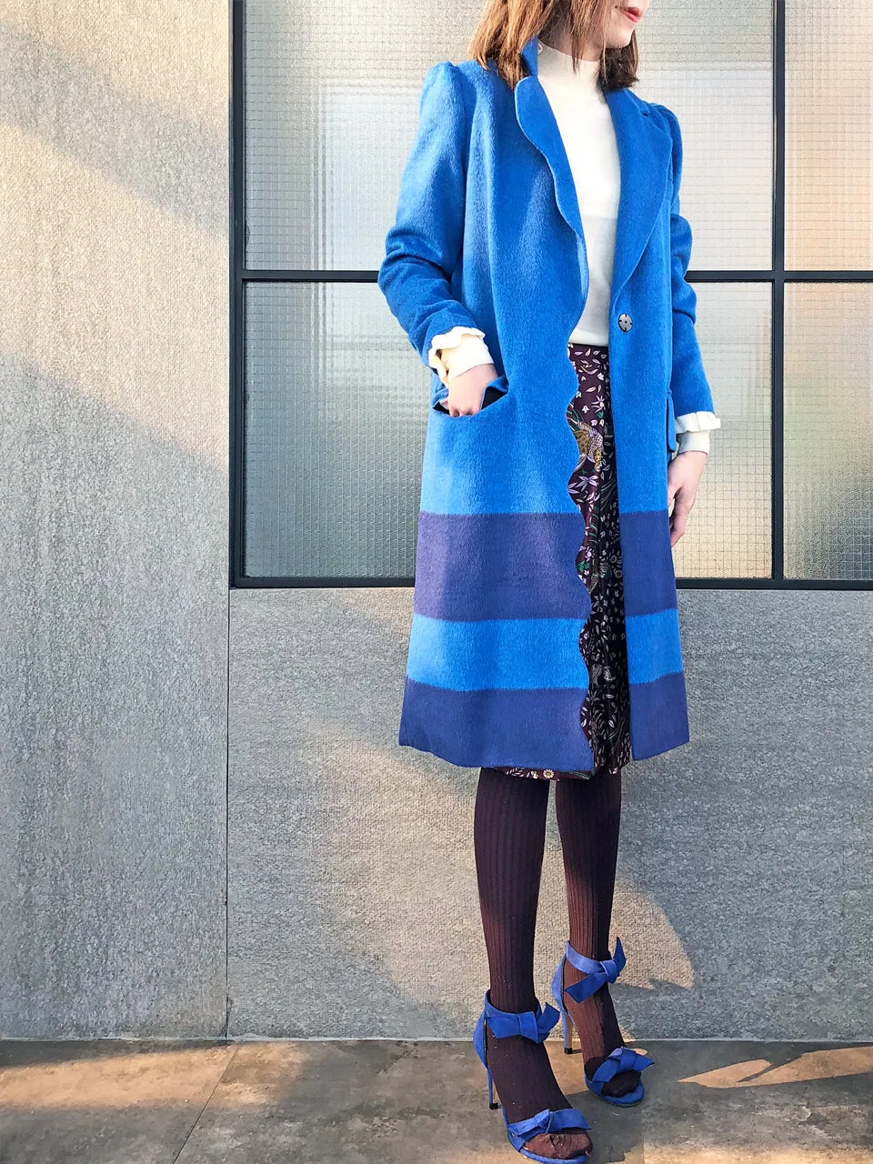 Last Chance! Blue Scallop Trim Wool & Cashmere Blend Coat