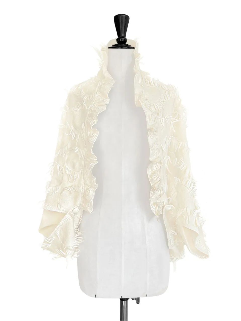 Last Chance! Creamy Textured Tassel Three Way Ruffled Cape Cardi - Crop Top