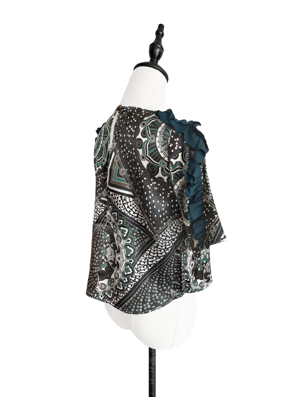 Last Chance! Green Prints Ruffle Shoulder Silk Top