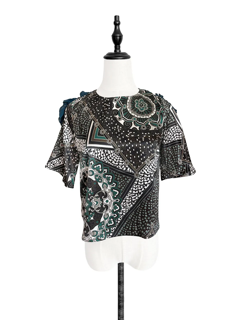 Last Chance! Green Prints Ruffle Shoulder Silk Top