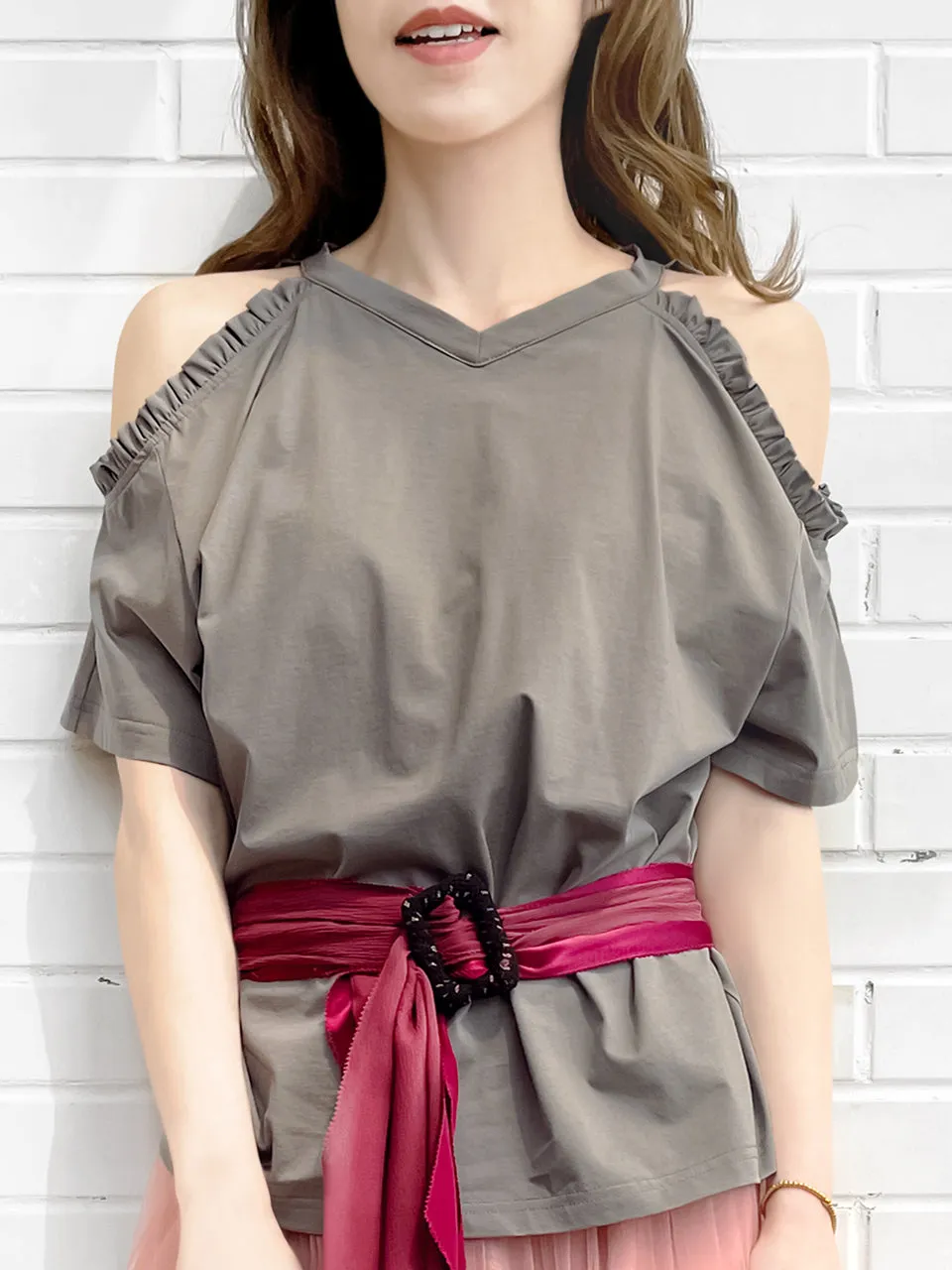 Last Chance! Grey Ruffle Off the Shoulder Cotton Blend Tee