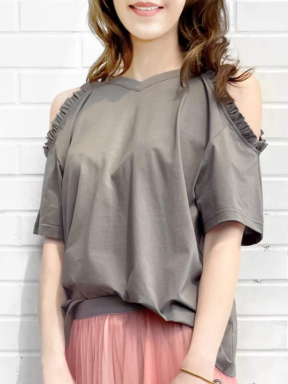 Last Chance! Grey Ruffle Off the Shoulder Cotton Blend Tee