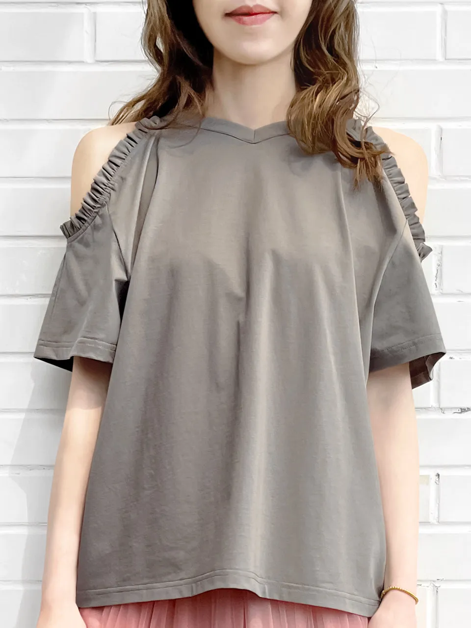 Last Chance! Grey Ruffle Off the Shoulder Cotton Blend Tee