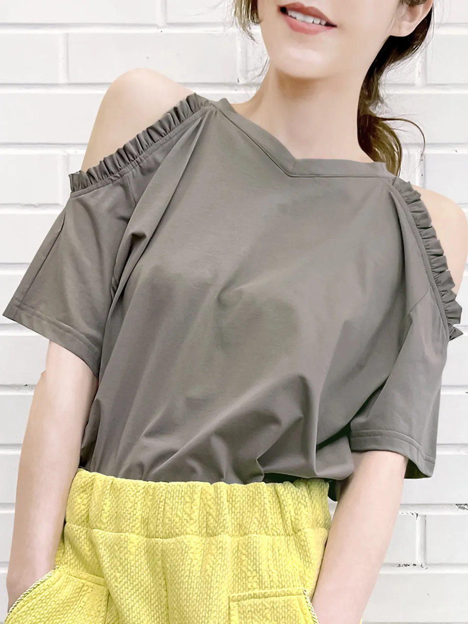 Last Chance! Grey Ruffle Off the Shoulder Cotton Blend Tee