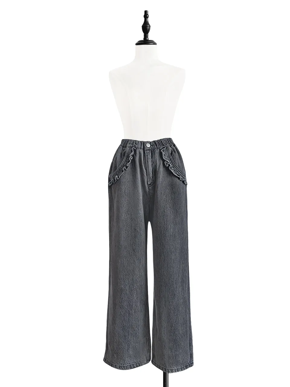 Last Chance! Medium Washed Black Ruffled Pocket Straight Leg Jeans