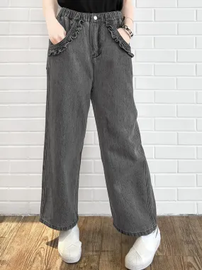 Last Chance! Medium Washed Black Ruffled Pocket Straight Leg Jeans