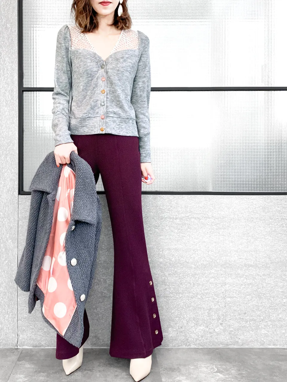 Last Chance! Plum Red-Purple Flare Leg Pull On Button Pants