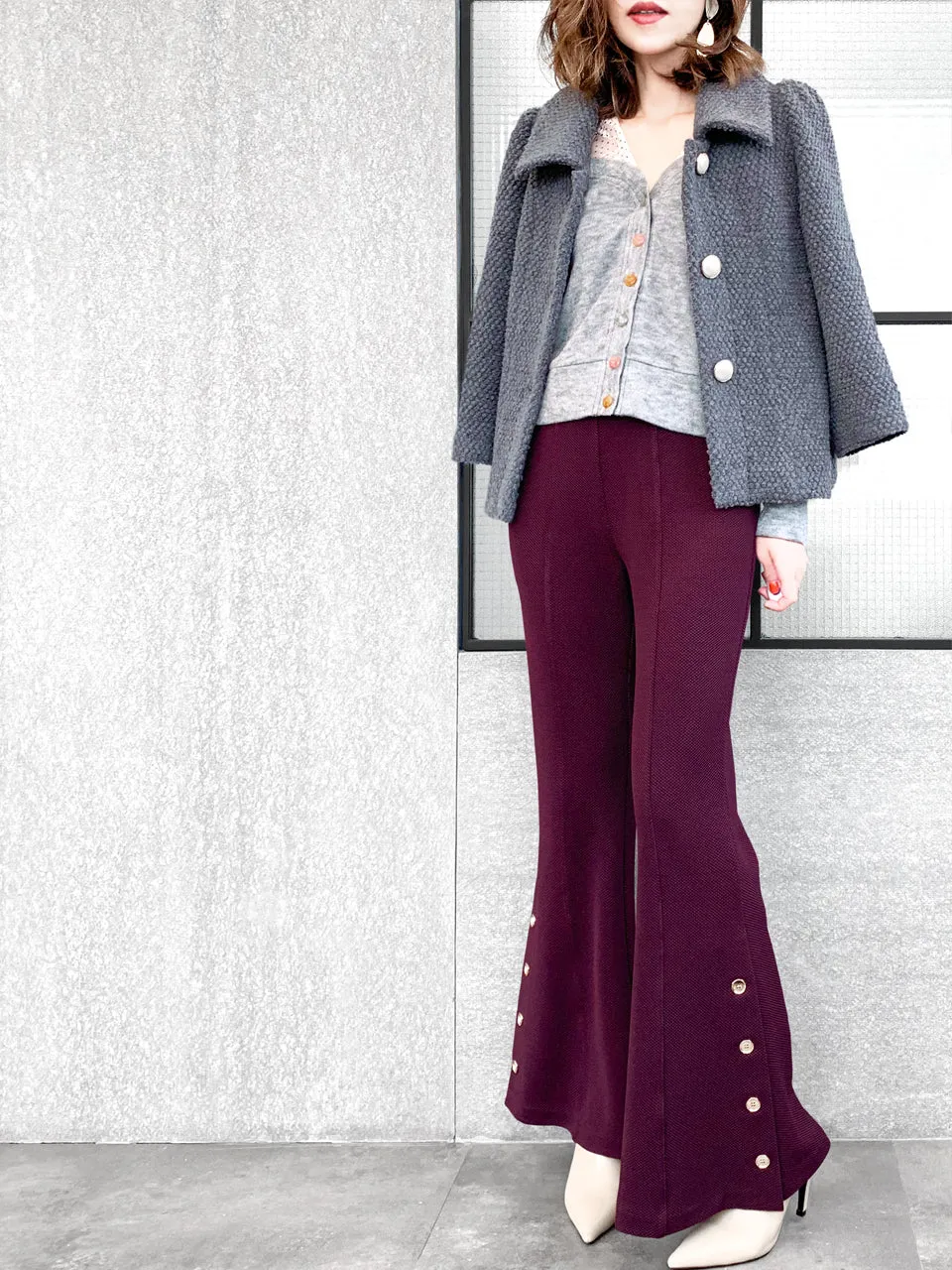 Last Chance! Plum Red-Purple Flare Leg Pull On Button Pants