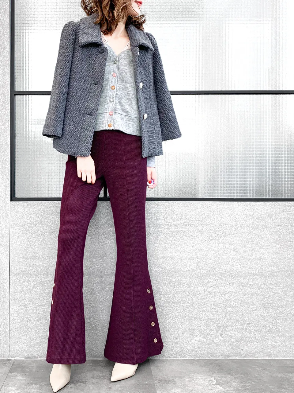 Last Chance! Plum Red-Purple Flare Leg Pull On Button Pants