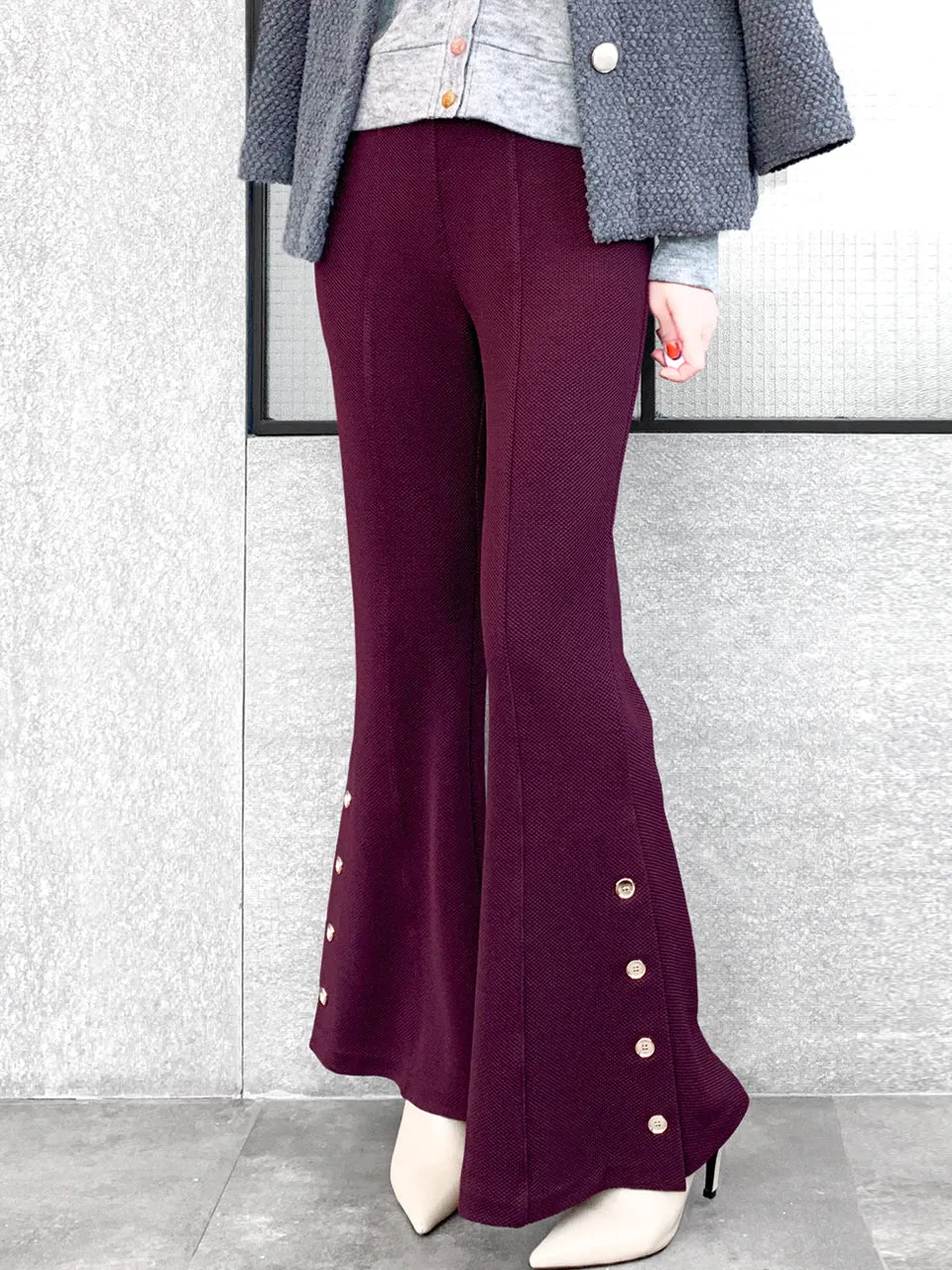 Last Chance! Plum Red-Purple Flare Leg Pull On Button Pants