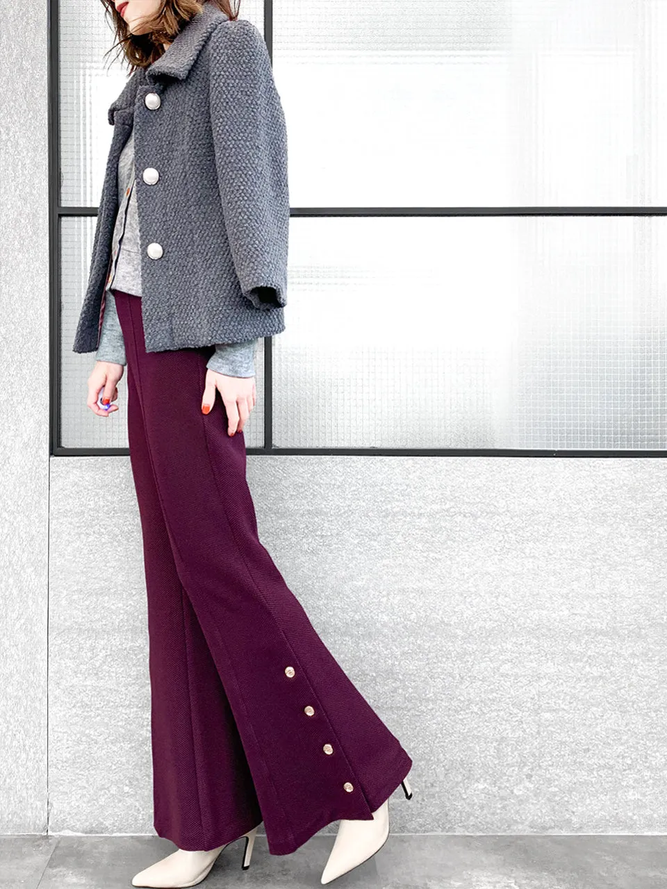 Last Chance! Plum Red-Purple Flare Leg Pull On Button Pants